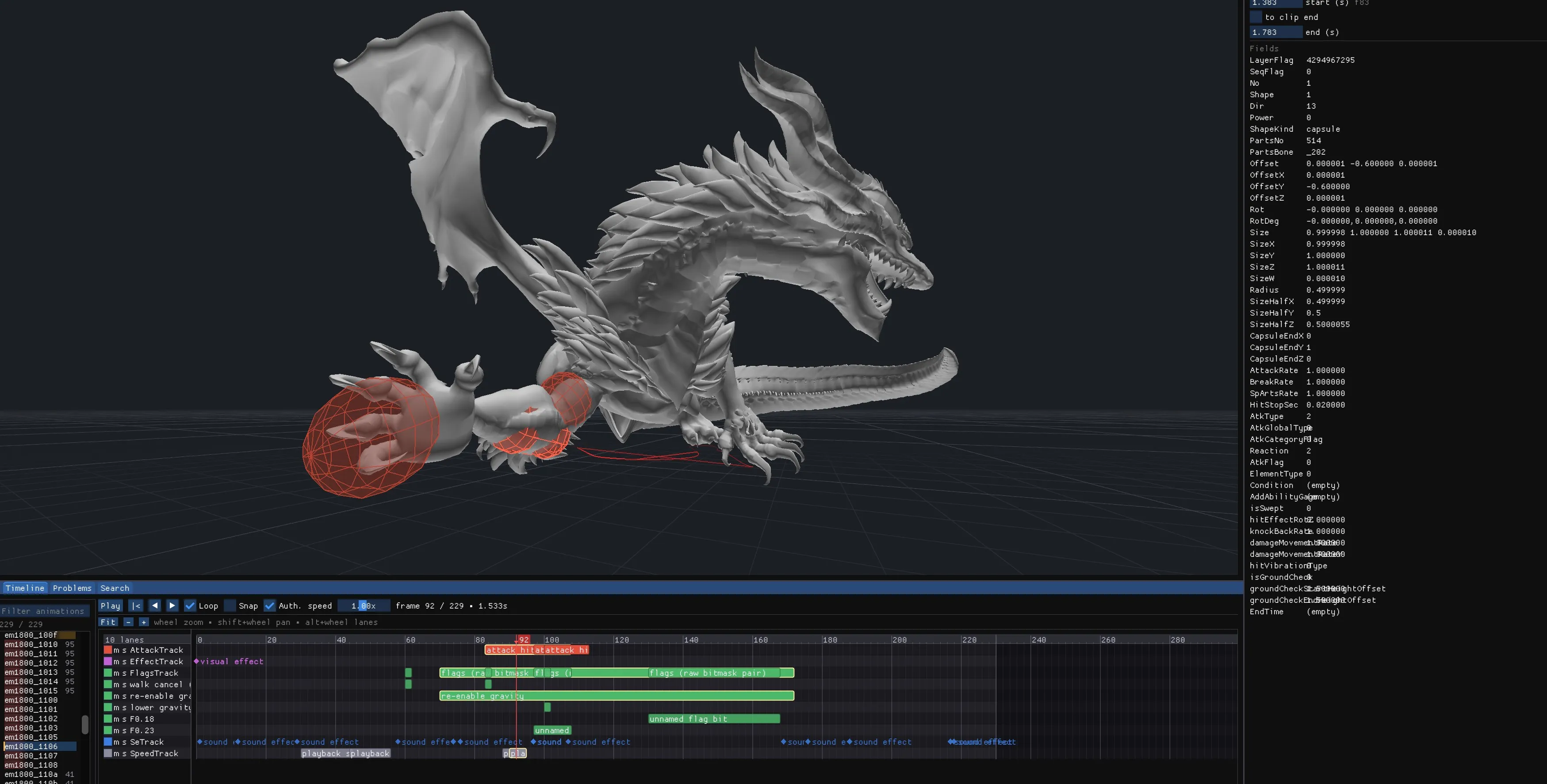 The Quod Data Editor with a dragon attack open: the hitbox drawn as a red capsule around the claw, timeline lanes for the attack, effects, flags and sound under the viewport, and the attack's data fields listed on the right.