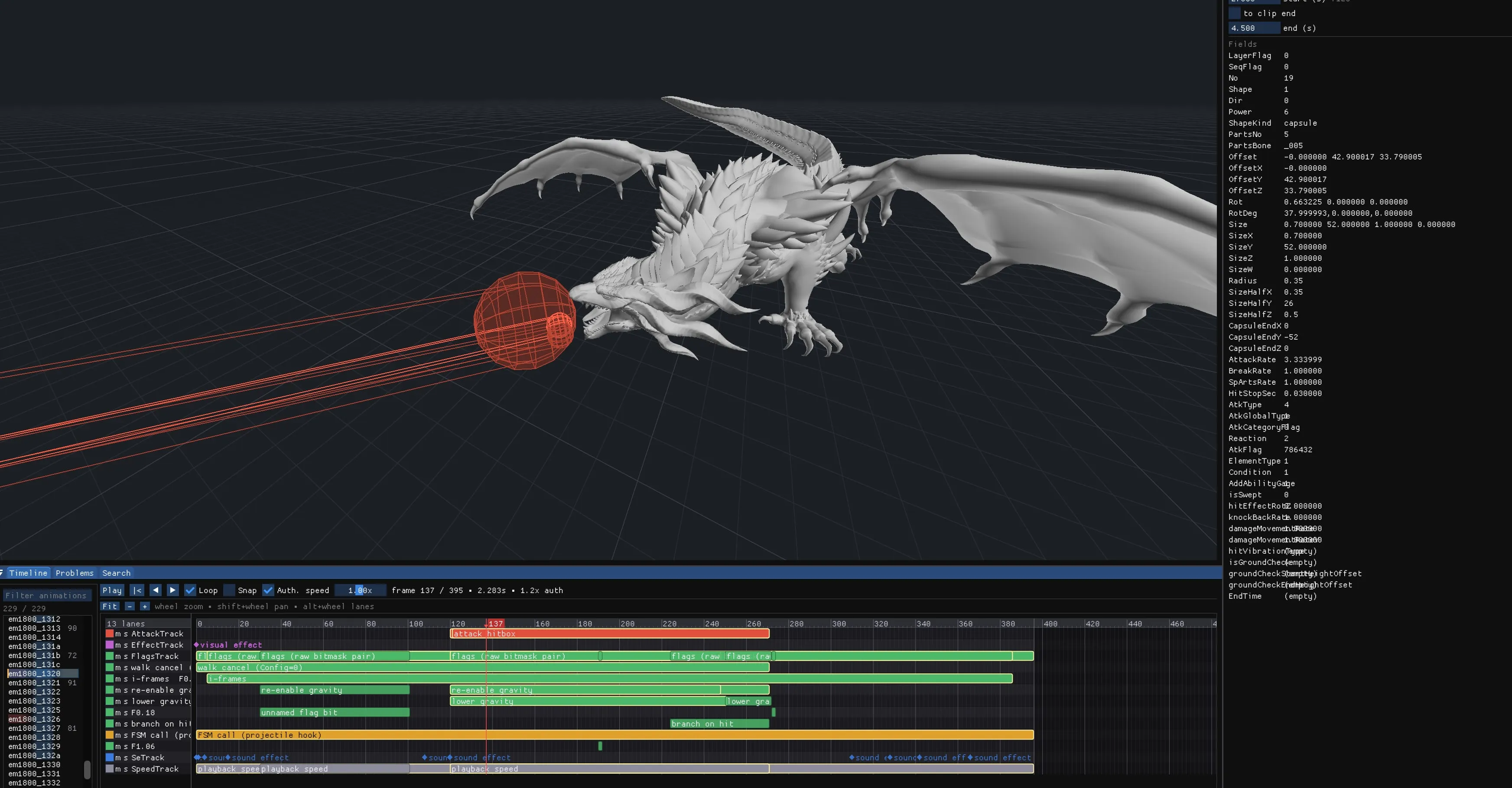 The Quod Data Editor with a dragon mid breath attack: the attack hitbox drawn as a red capsule at its mouth, timeline lanes for i-frames, walk cancel and branch on hit under the viewport, and the attack's data fields on the right.